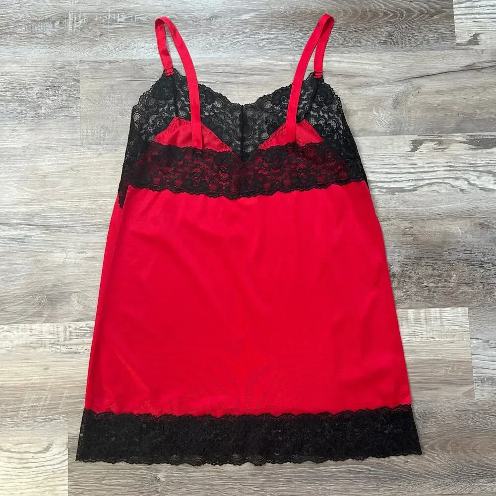 Vintage 90s Avon Red Satin Slip Dress Black Lace Mini Small - Picture 4 of 6